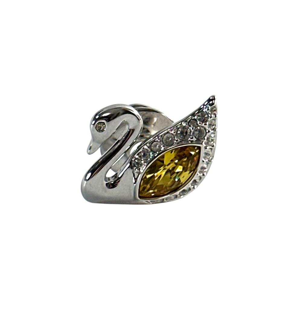 Swarovski Swan Lapel Pin Yellow Marquise Clear Pavé Crystal Silver Tone Signed